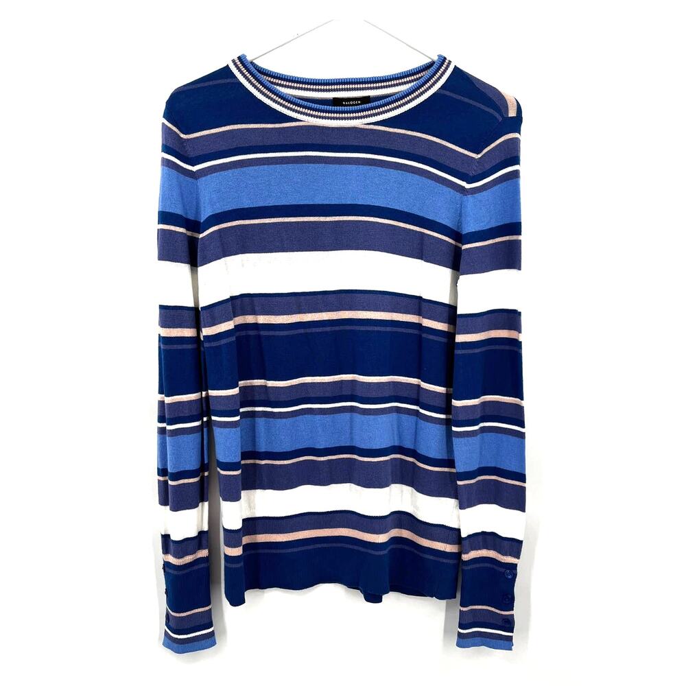 Halogen Blue Stripe Crew Neck Sweater NWT Button Cuff Size M
